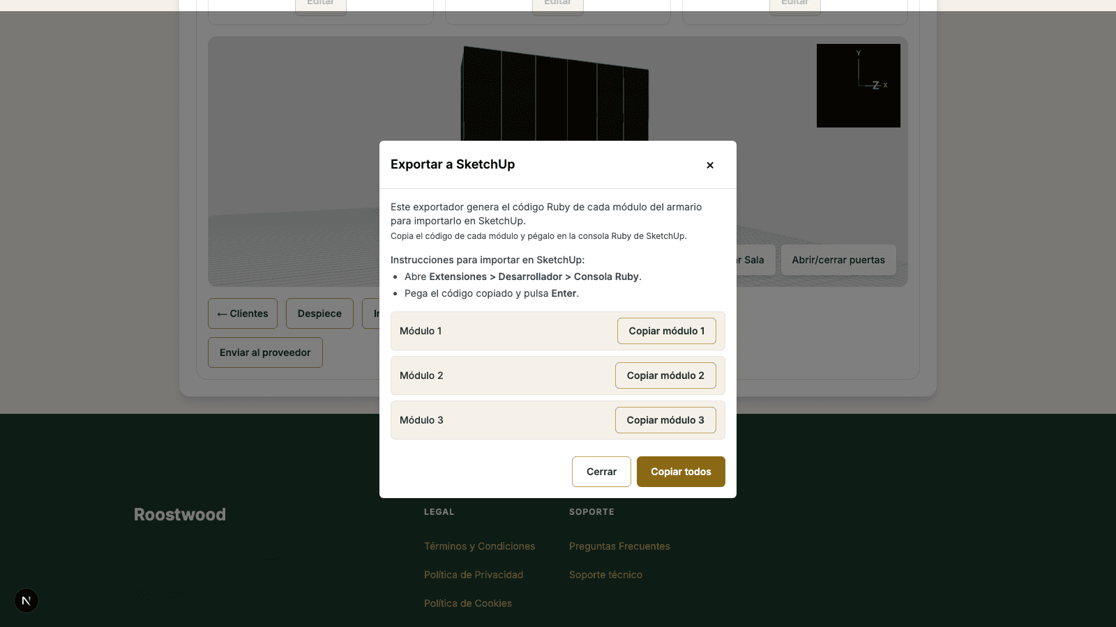 Modal de exportación SketchUp con el código Ruby visible y el botón Descargar