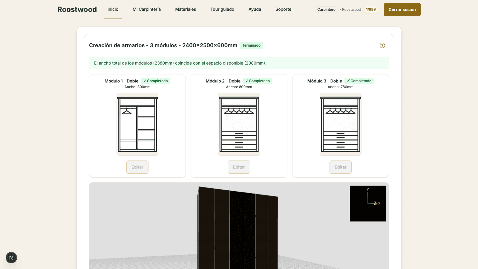 Vista del proyecto Armario 1 terminado con tres módulos Doble completados, vista 3D del armario y la barra de botones de exportación abajo